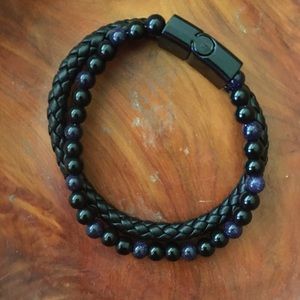 New Onyx & Woven Leather Bracelet | Mens